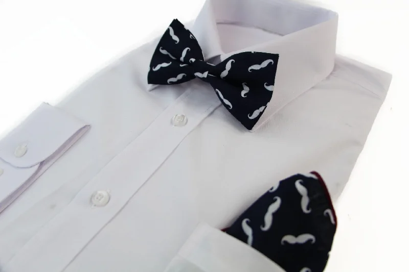 designer silk wedding necktie ideas for men-Mens Navy With White Moustache Cotton Bow Tie & Pocket Square Set