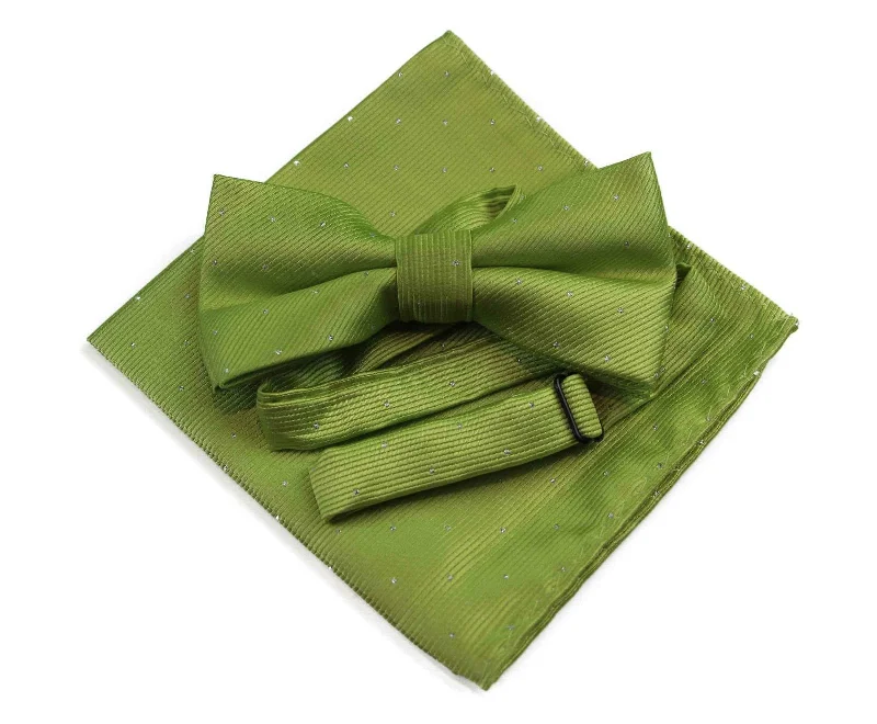 slim silk wedding necktie designs for men-Mens Olive Green With Silver Stars Matching Bow Tie & Pocket Square Set