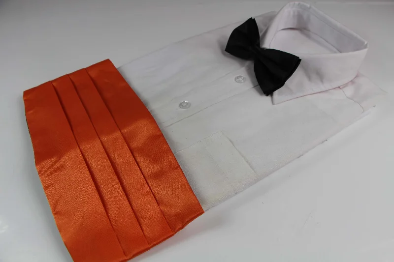 slim silk wedding necktie designs for men-Mens Orange Cummerbund & Black Bow Tie Set