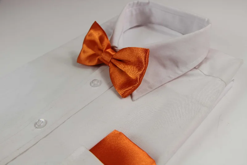 vibrant silk wedding tie combinations for men-Mens Orange Plain Bow Tie & Matching Pocket Square Set