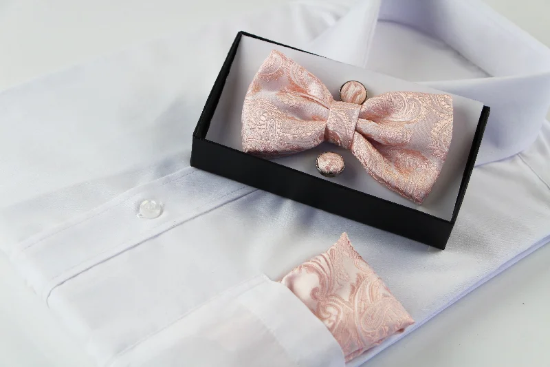 classic silk necktie sets for business meetings-Mens Pastel Pink Paisley Matching Bow Tie, Pocket Square & Cuff Links Set