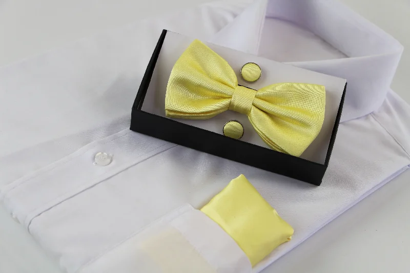 luxury silk wedding bow ties for business events-Mens Pastel Yellow Matching Bow Tie, Pocket Square & Cuff Links Set