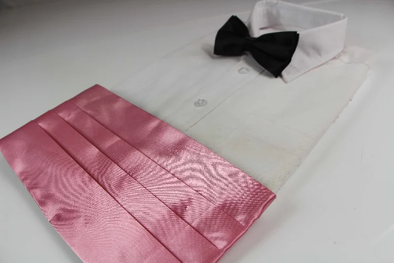 designer silk wedding necktie combinations-Mens Pink Cummerbund & Black Bow Tie Set