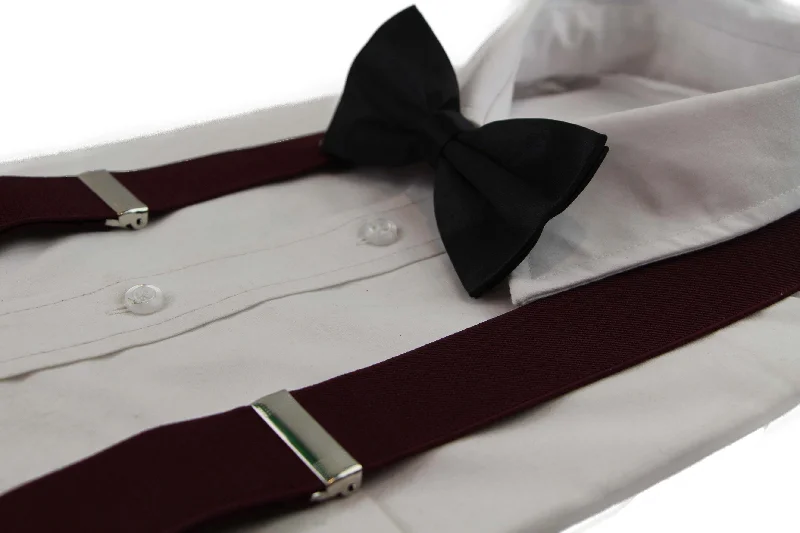 slim silk necktie options for weddings-Mens Plum 100cm Wide Suspenders & Black Bow Tie Set