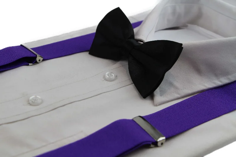 premium silk wedding tie ideas for men-Mens Purple 100cm Wide Suspenders & Black Bow Tie Set