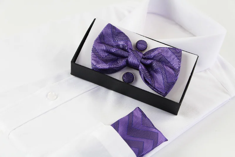 best silk necktie options for business wear-Mens Purple Zig Zag Matching Bow Tie, Pocket Square & Cuff Links Set