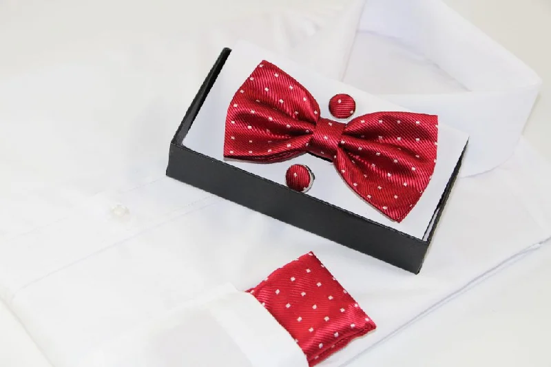 elegant silk necktie colors for wedding celebrations-Mens Red Gridded Squares Matching Bow Tie, Pocket Square & Cuff Links Set