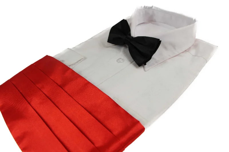 premium silk necktie patterns for office events-Mens Red Orange Cummerbund & Black Bow Tie Set