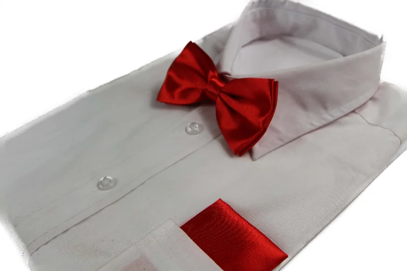 affordable silk wedding necktie options-Mens Red Plain Bow Tie & Matching Pocket Square Set