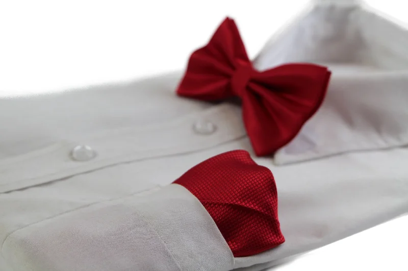 elegant silk necktie colors for office wear-Mens Red Plain Coloured Checkered Bow Tie & Matching Pocket Square Set