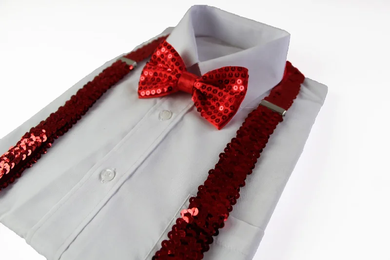 elegant silk wedding necktie ideas-Mens Red Sequin Patterned Suspenders & Bow Tie Set