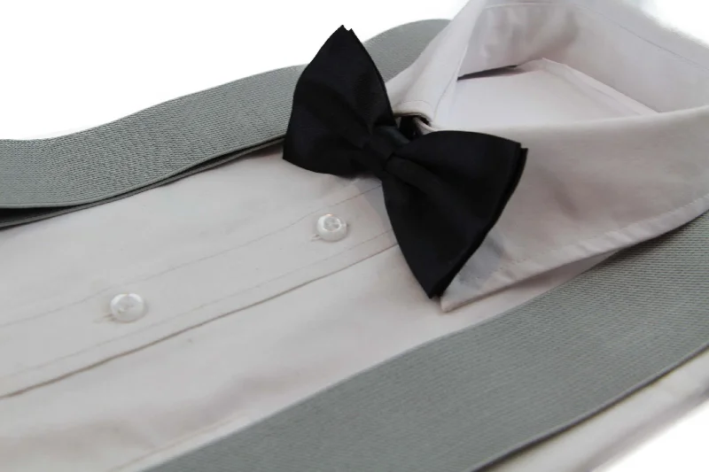 designer silk wedding bow ties for men-Mens Silver 120cm Extra Wide Suspenders & Black Bow Tie Set