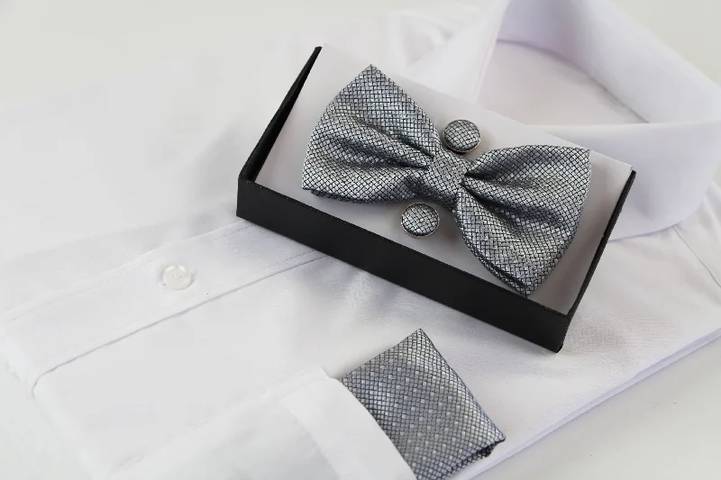 premium silk necktie options for office wear-Mens Silver Checkered Matching Bow Tie, Pocket Square & Cuff Links Set