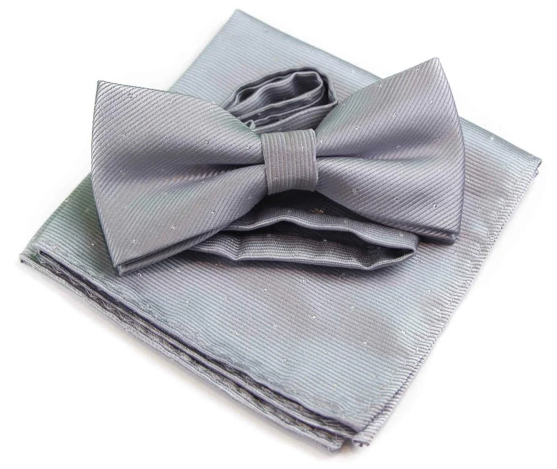 designer silk necktie options for office wear-Mens Silver With Silver Stars Matching Bow Tie & Pocket Square Set