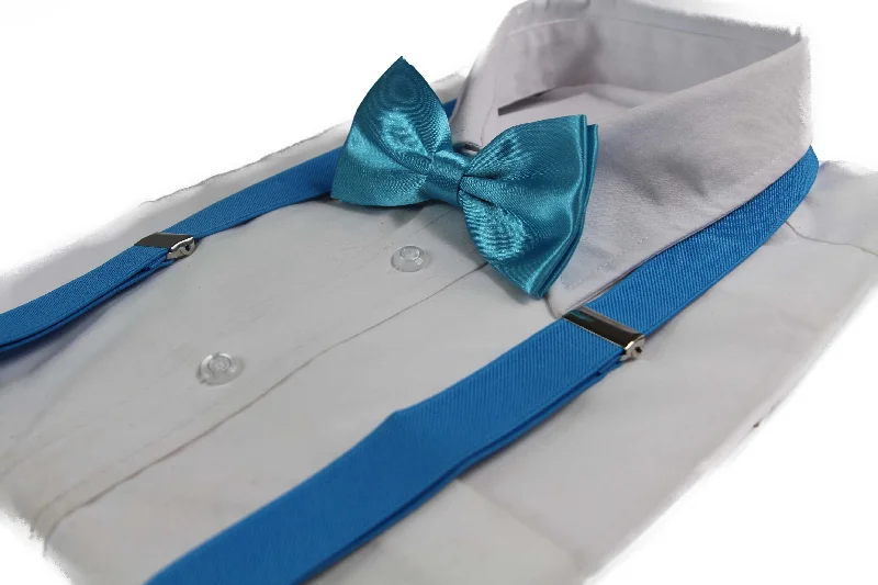 affordable silk necktie designs for business wear-Mens Sky Blue 100cm Suspenders & Matching Bow Tie Set