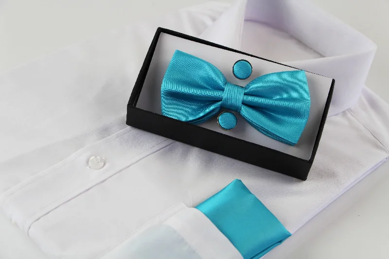 premium silk necktie sets for business events-Mens Sky Blue Matching Bow Tie, Pocket Square & Cuff Links Set