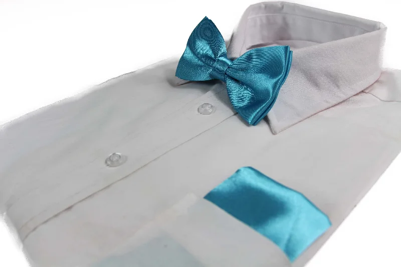 elegant silk necktie designs for office wear-Mens Sky Blue Plain Bow Tie & Matching Pocket Square Set