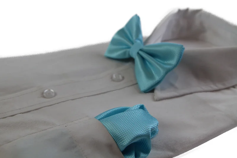 designer silk necktie options for weddings-Mens Sky Blue Plain Coloured Checkered Bow Tie & Matching Pocket Square Set