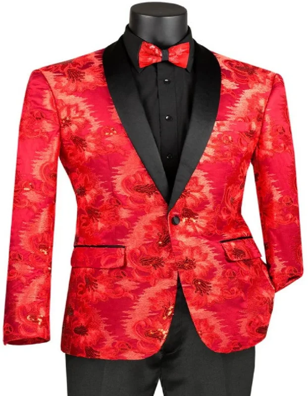 vibrant silk necktie combinations for corporate wear-Mens Slim Fit Shiny Floral Mathcing Bowtie Sequin Prom Tuxedo Dinner Jacket in Red