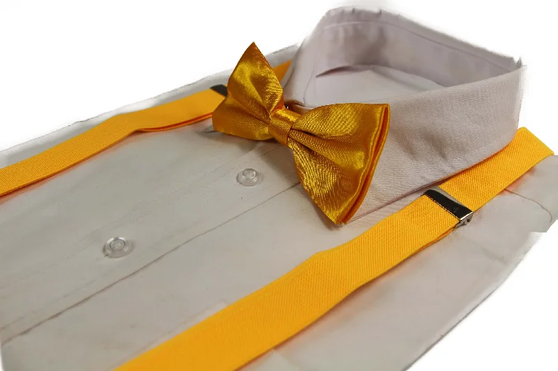 luxury silk wedding bow ties for men-Mens Warm Yellow 100cm Suspenders & Matching Bow Tie Set