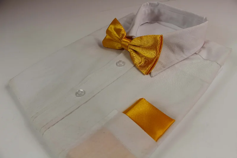 premium silk necktie sets for weddings-Mens Warm Yellow Plain Bow Tie & Matching Pocket Square Set