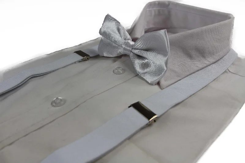 elegant silk necktie colors for wedding celebrations-Mens White 100cm Suspenders & Matching Bow Tie Set