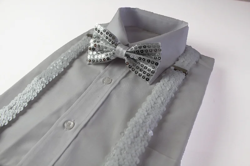 unique silk necktie designs for corporate events-Mens White Sequin Patterned Suspenders & Bow Tie Set