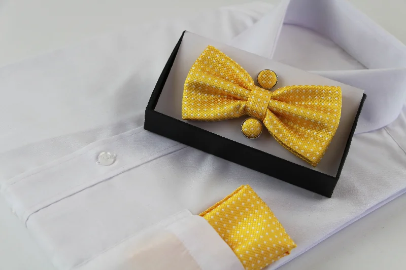 trendy silk necktie patterns for weddings-Mens Yellow Checkered Matching Bow Tie, Pocket Square & Cuff Links Set