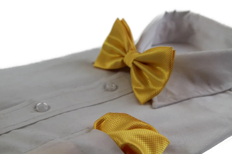 unique silk necktie designs for corporate events-Mens Yellow Plain Coloured Checkered Bow Tie & Matching Pocket Square Set