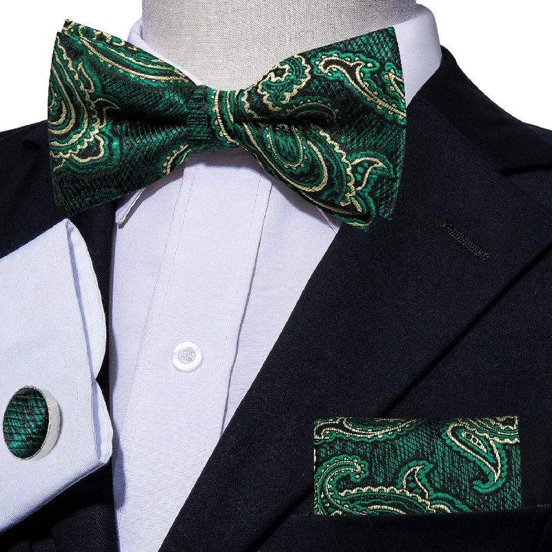 stylish silk bow ties for business wear-Dark Green Beige Floral Pre-tied Bow Tie Hanky Cufflinks Set