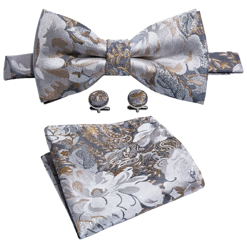 luxurious silk necktie designs for corporate wear-Grey White Champagne Floral Pre-tied Bow Tie Hanky Cufflinks Set