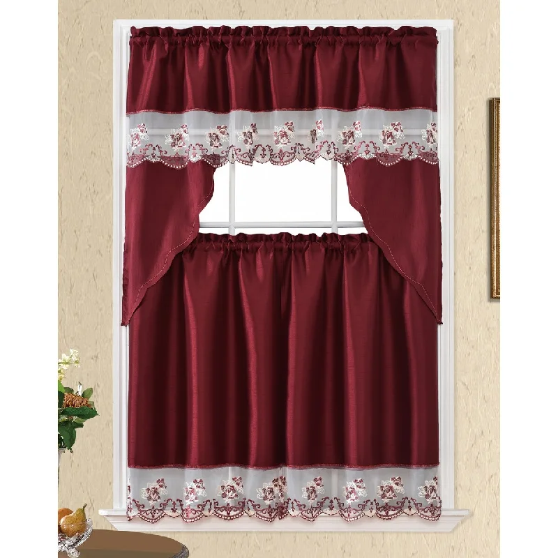 stylish silk wedding tie options for men-Nicolett Solid Embroidered 3-Piece Kitchen Valance and Tier Curtain Set - (1x) 60 x 36-inch / (2x) 30 x 36-inch