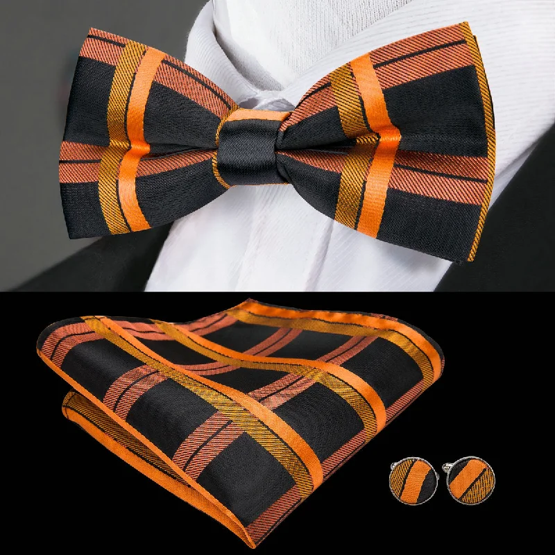 luxurious silk wedding necktie sets-Orange Black Plaid Pre-tied Bow Tie Hanky Cufflinks Set