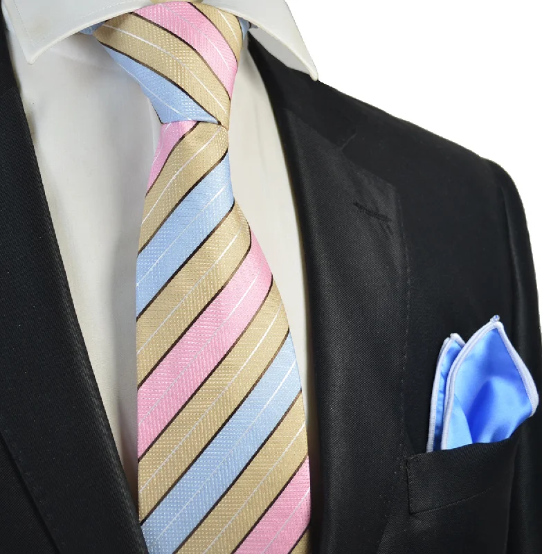 affordable silk necktie options for weddings-Pink, Sand and Baby Blue Tie and Pocket Square