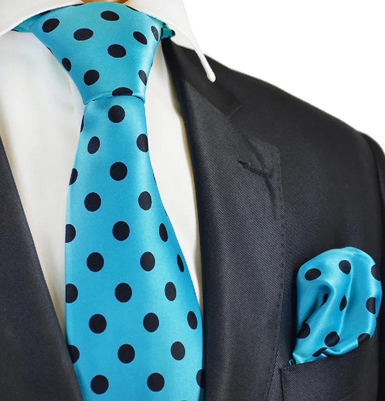 luxury silk wedding bow tie sets for men-Turquoise and Black Polka Dot Tie and Pocket Square