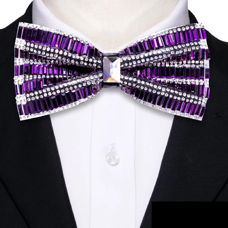 elegant silk wedding bow tie designs for men-Purple Rhinestone with White Imitated Crystal Men's Pre-tied Bowtie for Party