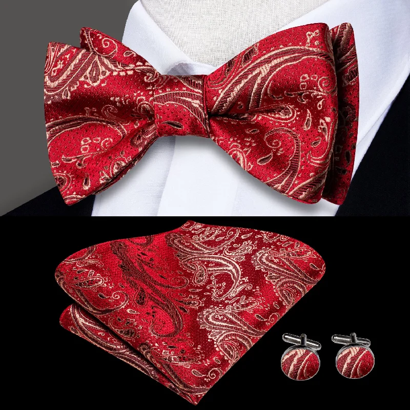 best silk necktie sets for office meetings-Red Champagne Paisley Self-tied Bow Tie Pocket Square Cufflinks Set