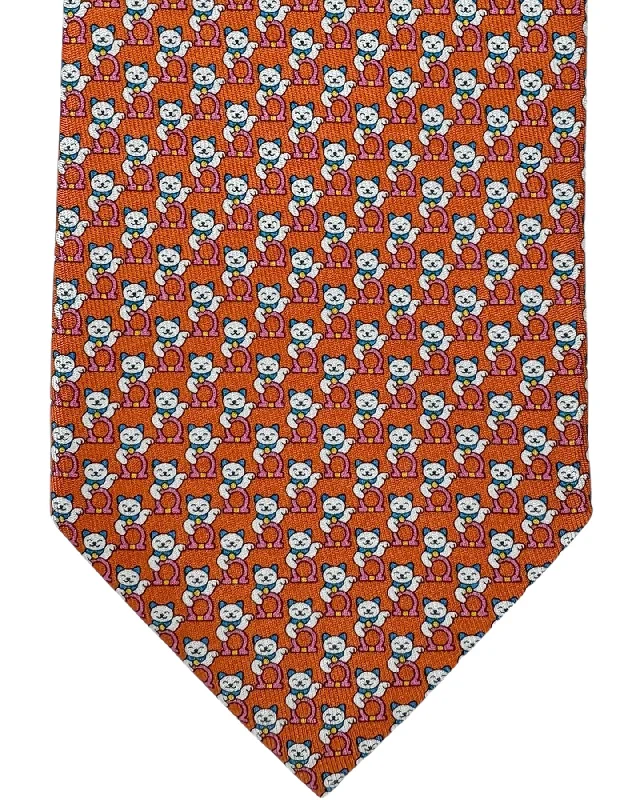 stylish silk necktie patterns for business wear-Salvatore Ferragamo Novelty Tie Orange Gancini & Maneki Neko Cat