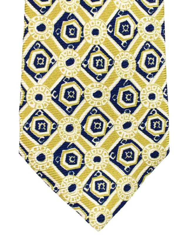 designer silk necktie options for weddings-Sartorio Sevenfold Tie Chartreuse Navy Medallions Narrow Cut SALE