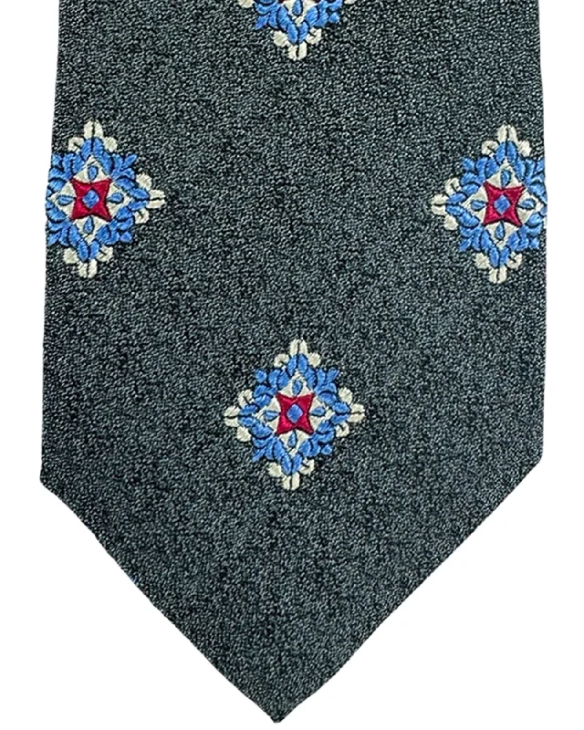 affordable silk necktie combinations for wedding celebrations-Sartorio Sevenfold Tie Gray Blue Red Medallion Design