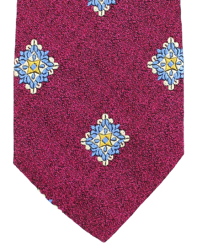 affordable silk bow ties for corporate wear-Sartorio Sevenfold Tie Magenta Blue Medallions SALE