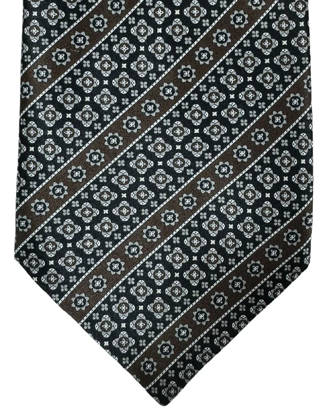 trendy silk necktie sets for office wear-Stefano Ricci Tie Black Brown Gray Floral Stripes Design