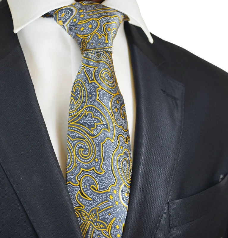 stylish silk wedding necktie sets for men-Grey and Gold Paisley Men's Necktie