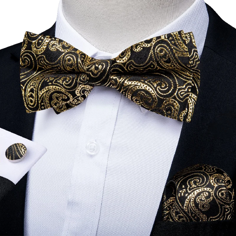 luxurious silk necktie designs for office meetings-Ties2you Black Bow Tie Silk Golden Paisley Men's Pre-Tied Bow tie Pocket Square Cufflinks Set