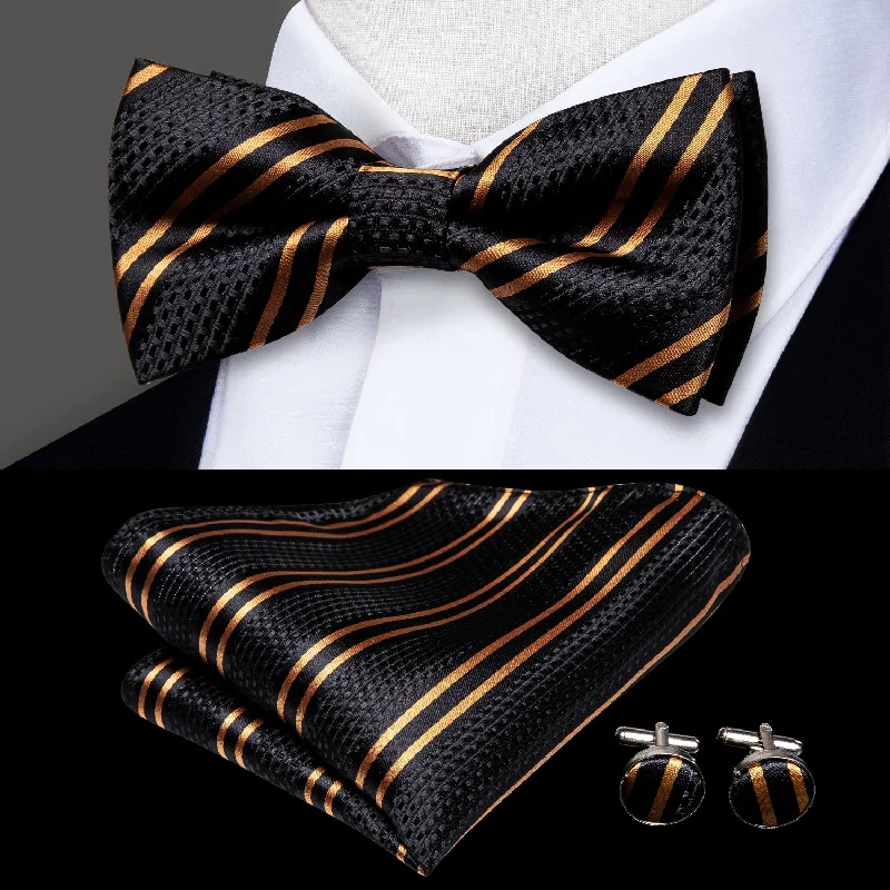 stylish silk wedding necktie designs for men-Ties2you Black Tie Golden Striped Pre-Tied Bow Tie Hanky Cufflinks Set