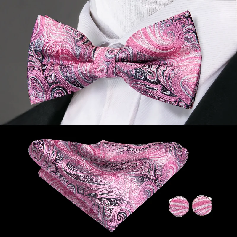 stylish silk necktie sets for business events-Ties2you Floral Tie Pink Grey Paisley Pre-Tied Bow Tie Hanky Cufflinks Set