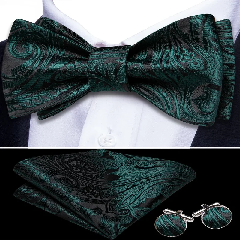 stylish silk necktie sets for office meetings-Ties2you Men's Bow Tie Dark Jungle Green Floral Silk Self-tie Bowtie Handkerchief Cufflinks Set