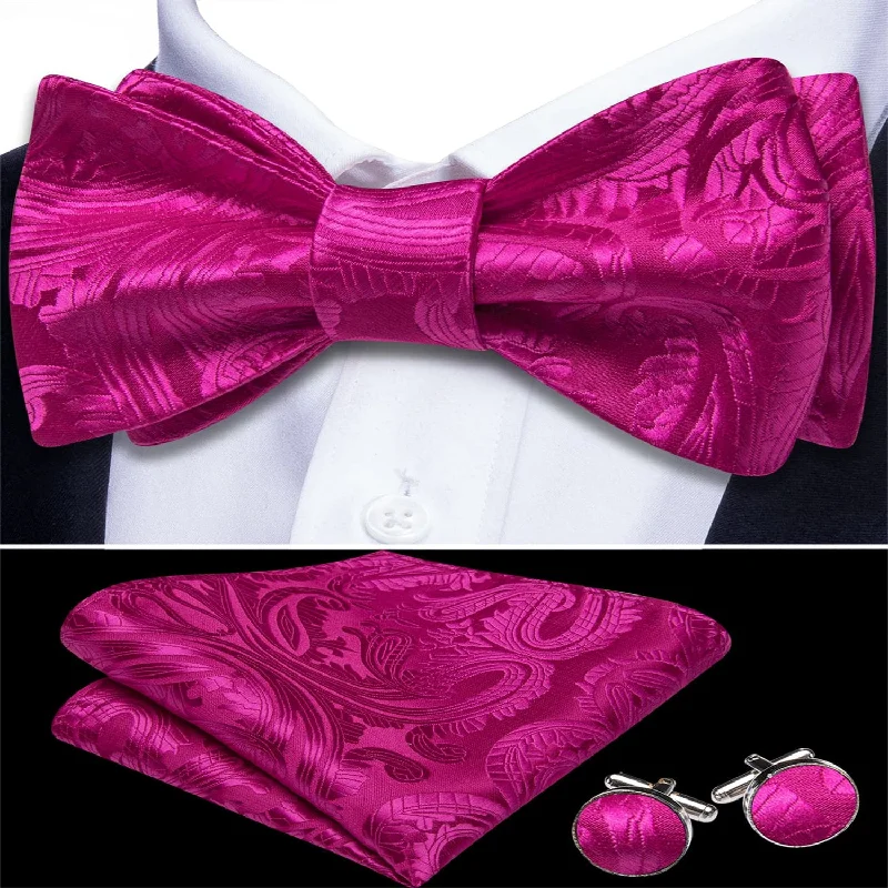 affordable silk necktie sets for business wear-Ties2you Men's Bow Tie Deep Cerise Pink Paisley Silk Self-tied Bowtie Handkerchief Cufflinks Set