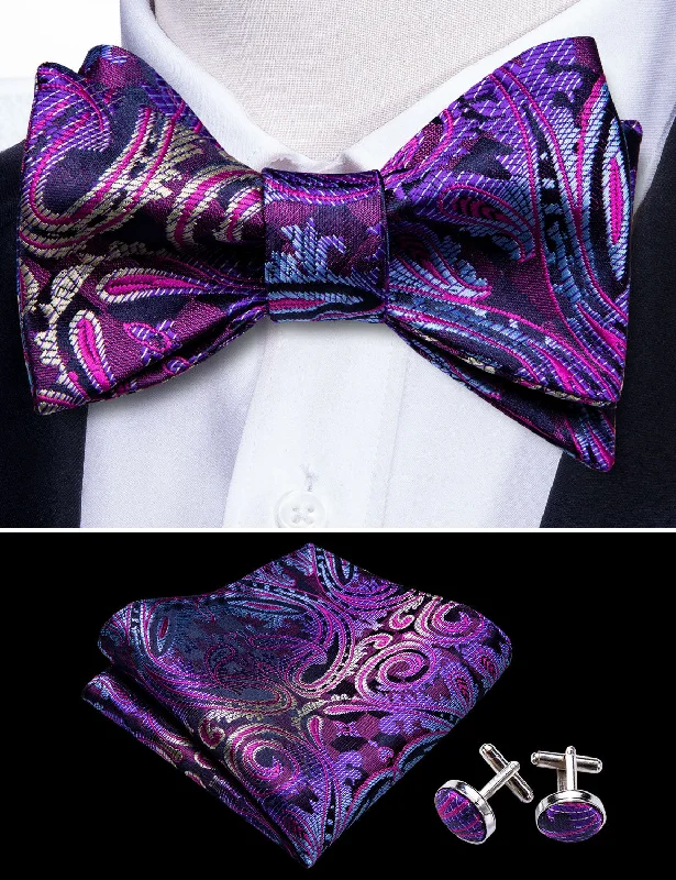 slim silk necktie sets for weddings-Ties2you Purple Bow Tie Gradient Paisley Self-Bow Tie handkerchief Cufflinks Set Luxury Design