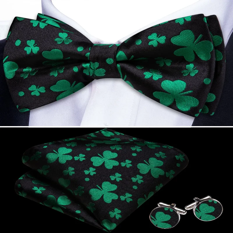 affordable silk necktie sets for corporate events-Ties2you Silk Bow Tie Black Green Floral Pre-tied Bowtie Set for Men